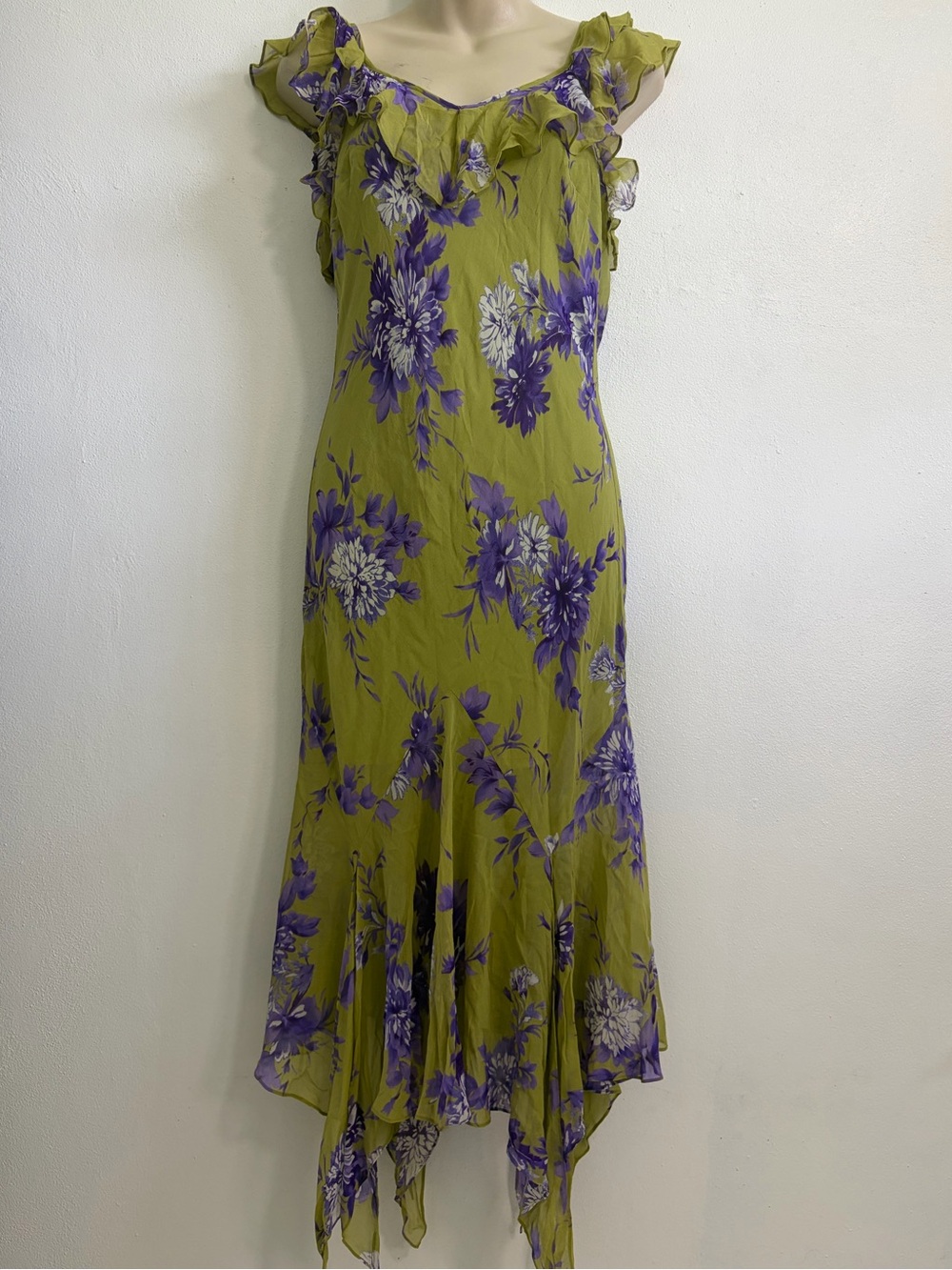 Sue Wong green Chartreuse Floral Silk Dress Size 10